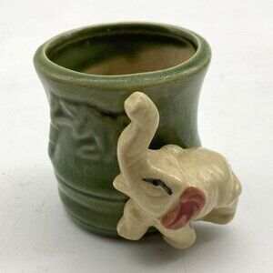 VTG Ceramic Planter Cup‎ Vase Elephant Lucky Trunk Up Green Bamboo Asian 2 3/4”H